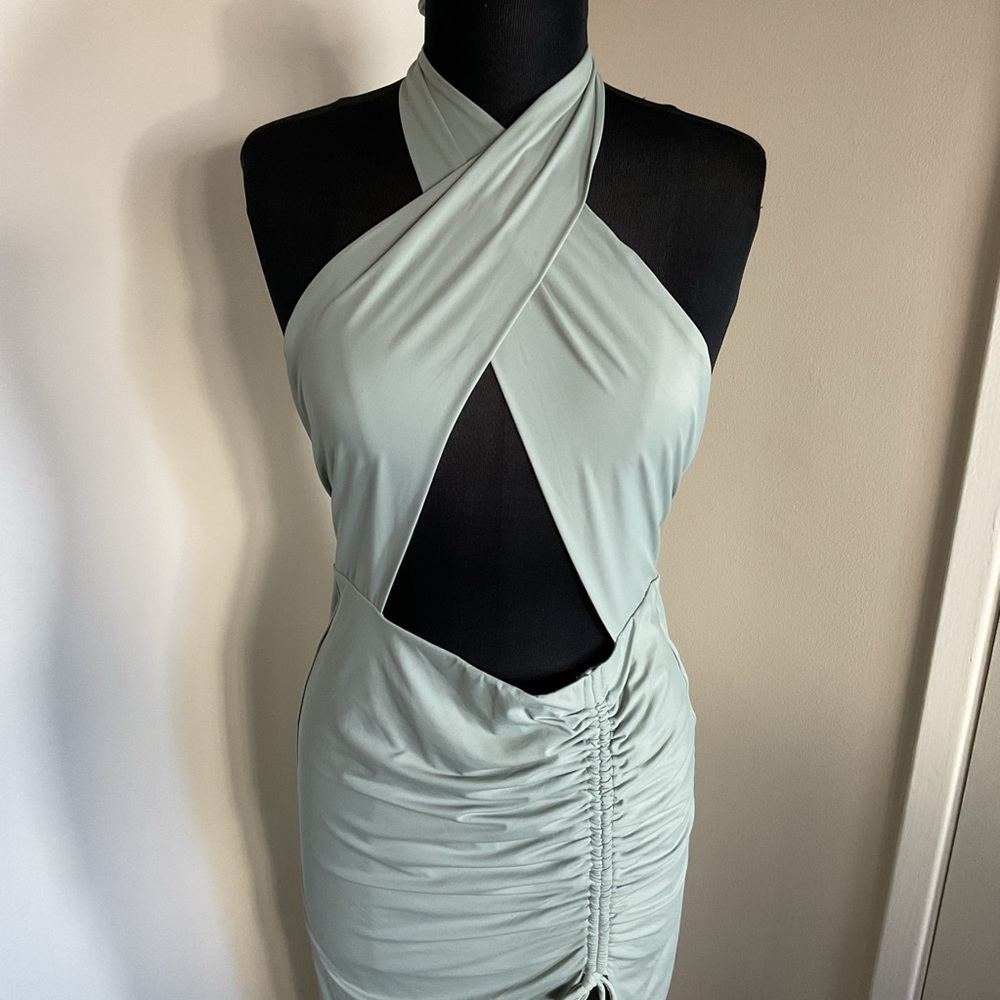 Babyboo Sage Green Cut-Out Halter Maxi Dress Ruched Slit Night Out Size L - Picture 6 of 9